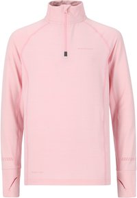 Helles rosa Langarm-Top mit Viertel-Reißverschluss, aus schnell trocknendem Material gefertigt, mit Raglanärmeln und gesteppten Akzenten. Minimalistisches Branding.