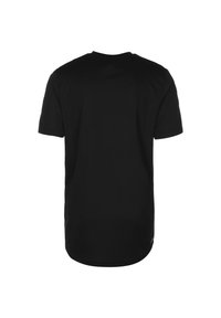 Simpel sort T-shirt med korte ærmer og rund halsudskæring, vist fra ryggen på en hvid baggrund.