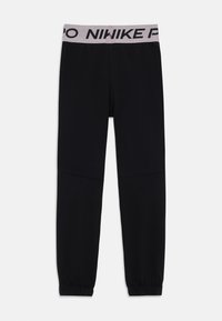 Juodos sportinės legging'os su elastine juostele, turinčios pilkas "NIKE PRO" užrašas, siaurėjanti apdaila ir elastiniai įdėklai prie kulkšnies.