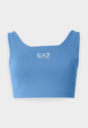 Blue crop top made of smooth, stretchy fabric. Features a square neckline and a logo printed in white on the front. Seamless design.