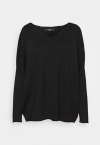 Czarny, długi sweter z długim rękawem w dekolcie w kształcie V. Wykonany z miękkiego materiału dzianinowego, charakteryzujący się luźnym krojem i prążkowanym wykończeniem.