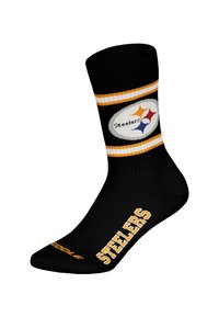 Schwarze Socken mit gelben und weißen horizontalen Streifen, versehen mit dem Logo der Pittsburgh Steelers und dem Schriftzug "STEELERS" in fetten gelben Buchstaben.