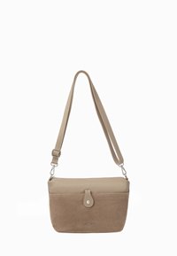 Borsa a spalla beige con parte superiore in pelle liscia e parte inferiore in suede testurizzato, dotata di chiusura a scatto e tracolla regolabile.