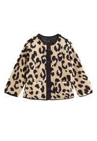 Fleece jacket with leopard print in beige and black, featuring a rounded collar, front button closure, and two front pockets.