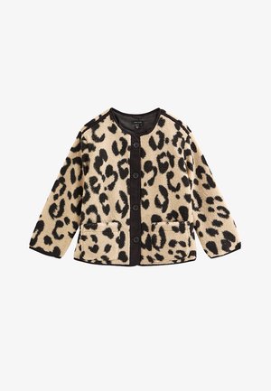 Fleecejack met luipaardprint in beige en zwart, voorzien van een ronde kraag, knoopsluiting aan de voorkant en twee voorzakken.