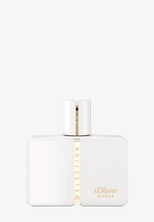Bouteille de parfum rectangulaire blanche avec bordure dorée, "SELECTION" en vertical et "s.Oliver WOMEN" imprimé en or sur le devant.