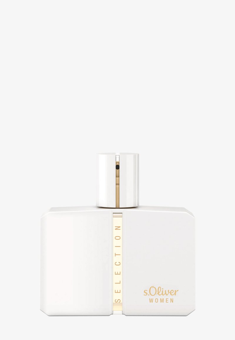 Witte rechthoekige parfumfles met gouden rand, "SELECTION" verticaal en "s.Oliver WOMEN" in goud gedrukt aan de voorkant.