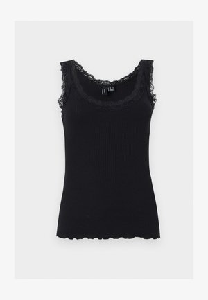 Schwarzes, geripptes Tanktop mit Spitzenbesatz am Ausschnitt und an den Schultern, ärmellos, figurbetonter Stil, flach auf weißem Hintergrund.