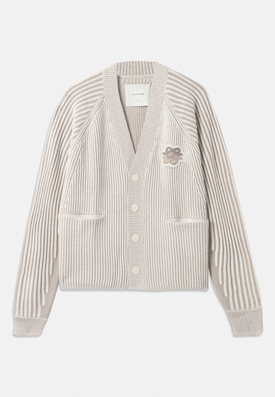 Bežs un baltas svītrains adīts kardigans ar garām piedurknēm, priekšējiem pogām, divām kabatām un mazu ziedu ielikni uz krūšu.