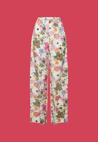 Wijduitlopende broek in een witte stof met een bloemenpatroon met roze, groene en zwarte accenten. Hoge taille met een knoopsluiting.