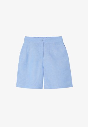 Lichtblauwe linnen shorts met een getailleerde pasvorm, voorzien van een knoopsluiting, zijzakken en een gladde textuur.