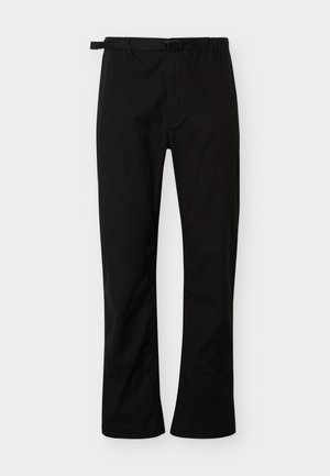 Pantalon noir à jambes droites avec ceinture réglable intégrée et fermeture par bouton, présenté à plat sur fond blanc.