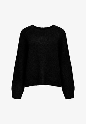 Crna pletena majica sa okruglim izrezom, širokim rukavima i opuštenim krojem. Mekana tekstura s rebrastim rubovima i manžetama.