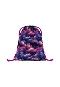 Borsa da spalla viola con coulisse caratterizzata da un motivo di nuvole e stelle in tonalità di rosa e blu. Tessuto testurizzato con corde rosa a contrasto e chiusura a tappo.
