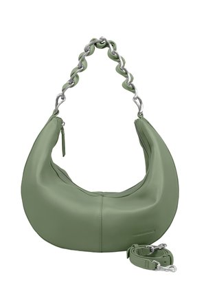 Green leather handbag with a curved shape, featuring a chunky silver chain handle and a detachable strap. Smooth texture and zipper detail.