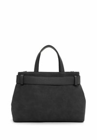 Borsa a tracolla in suede nera con un design strutturato, manici corti e una fascia accentuata testurizzata attorno alla parte superiore per un tocco di dettaglio in più.