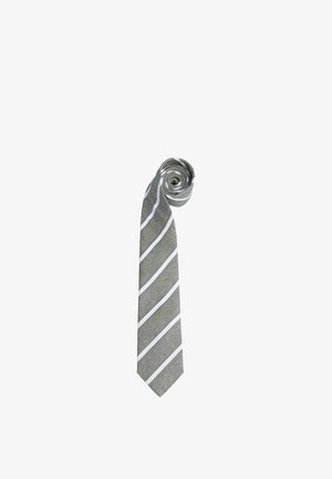 Gråt og hvidt striped slips rullet ved den smalle ende, vist mod en hvid baggrund.