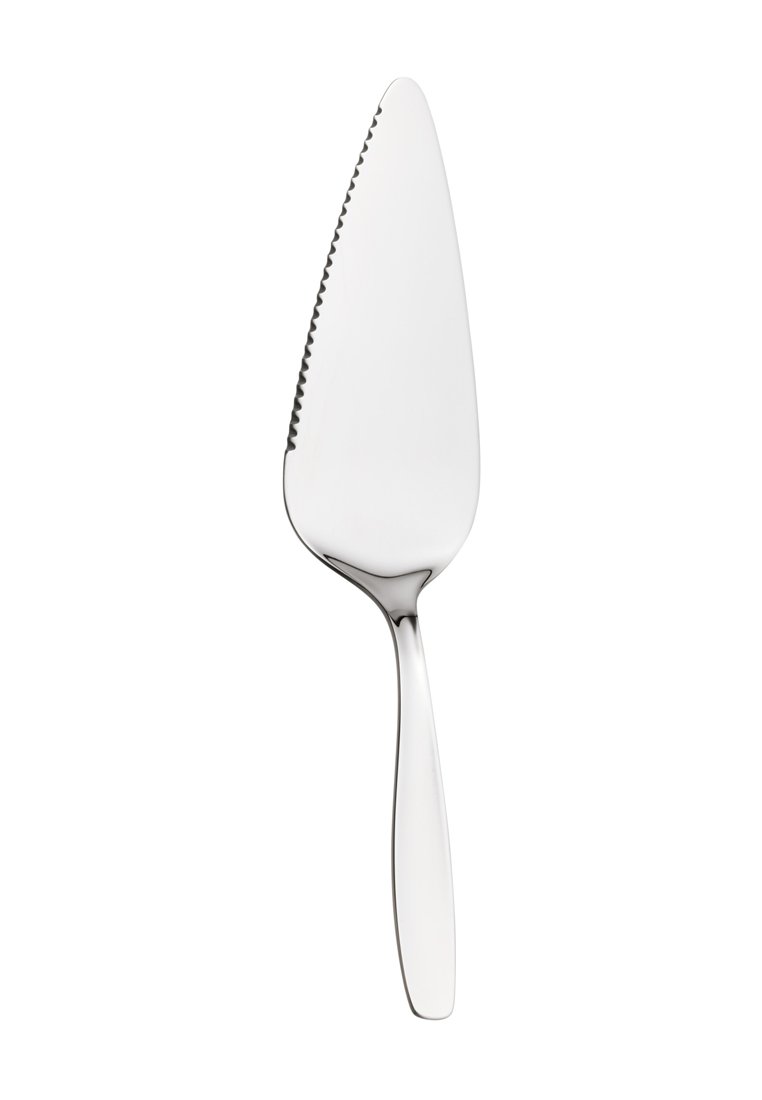Metaal taartmes met een getande rand en een glad handvat, ontworpen voor het snijden en serveren van punten taart of taart.