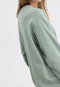 Sweatshirt vert clair en tissu doux avec une coupe décontractée. Présente des coutures visibles et un col rond, adapté pour un usage casual.