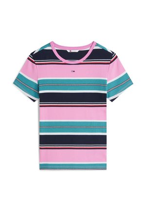 Kurzärmeliges geripptes T-Shirt mit horizontalen Streifen in Pink, Marine, Türkis, Weiß und Rot, mit kleinem Logo auf der Brust.