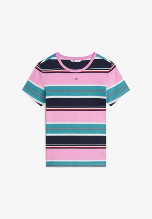 Kurzärmeliges geripptes T-Shirt mit horizontalen Streifen in Pink, Marine, Türkis, Weiß und Rot, mit kleinem Logo auf der Brust.