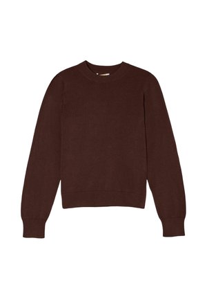 Dunkelbrauner Rundhalspullover mit langen Ärmeln und gerippten Bündchen und Saum, flach auf weißem Hintergrund gelegt.