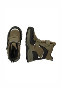 Bottes d'hiver pour enfants en vert olive et noir, dotées d'un design rembourré, de bandes auto-agrippantes et de semelles en caoutchouc texturé pour une meilleure traction.