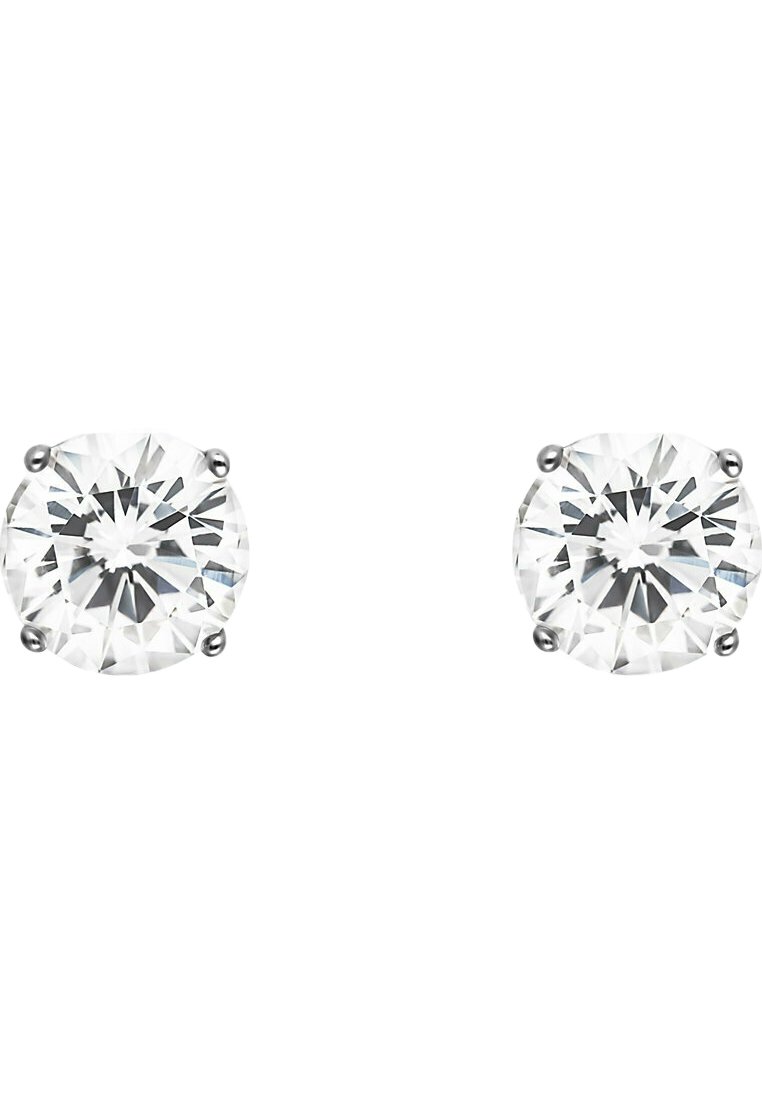 Round diamond stud earrings in a four-prong setting, featuring clear, faceted stones with a polished metal backing.