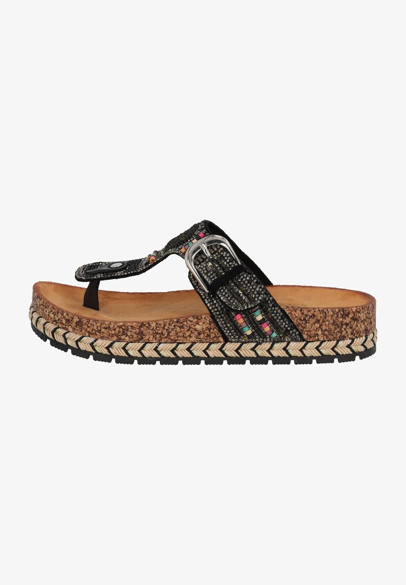 Svart flip-flop sandal med ett texturerat rem som har färgglada pärlor, en silverfärgad spänne och en korksula med vävda detaljer och gummiträ.