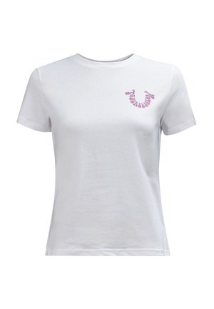 Biała bawełniana koszulka z okrągłym dekoltem i krótkimi rękawami, z różowym haftowanym logo na lewej piersi.