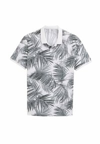 Koszulka polo z krótkim rękawem, zdobiona czarno-białym wzorem palmowych liści, z kontrastowym białym kołnierzykiem i listewk�ą, wykonana z oddychającego materiału.