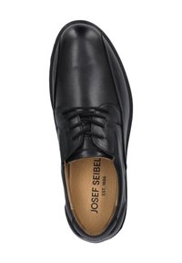 Schwarzer Lederschuh mit glatter Oberfläche, Schnürdesign, abgerundeter Zehenkappe und gepolstertem Fußbett. Logo auf dem Innenfutter gedruckt.