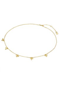 Zelta ķēde ar kaklarotu, kurai ir mazi tauriņa piekariņi vienmērīgi izvietoti visā garumā, ar smalku posmu dizainu un regulējamu aizdari.