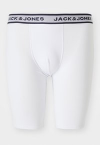 Boxeri scurți din bumbac alb cu o bandă elastică navy pe care este imprimat în alb textul "JACK & JONES". Textură netedă și design ajustat.