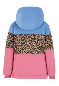 Kleurvolle jas met een blauwe capuchon, een middenstuk met luipaardprint en een roze onderstuk. Gemaakt van gladde, duurzame stof.