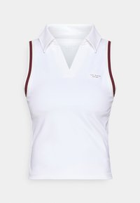 Top alb cu mânecă fără, fabricat din material neted, având decolteu în V, guler și accente în dungi couleur maron la găurile pentru brațe.