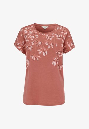 Rostfarbiges Kurzarmhemd mit rundem Ausschnitt und hellem rosa Blumenmuster auf der oberen Vorderseite und den Ärmeln.