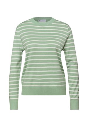 Ljusgrön tröja med horisontella vita ränder, rund halsringning, långa ärmar och ribbade muddar och fåll. Mjuk tygstruktur.