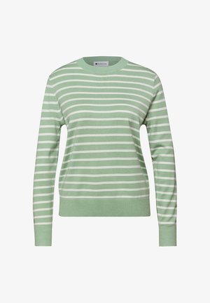 Jasnozielony sweter z poziomymi białymi paskami, okrągłym dekoltem, długimi rękawami oraz ściągaczami przy mankietach i u dołu. Miękka faktura tkaniny.