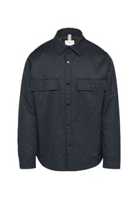 Granatowa koszula kurtka z gładkiej tkaniny, z klasycznym kołnierzem, dwiema kieszeniami na piersi oraz prostymi czarnymi guzikami z przodu.