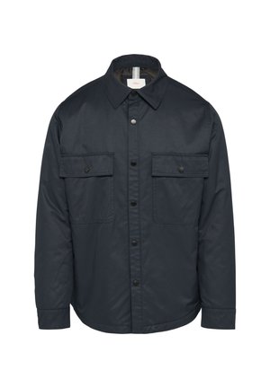 Dark navy shirt jacket in smooth fabric, featuring a classic collar, two chest pockets, and simple black buttons along the front.