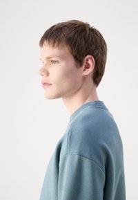 Sudadera azul claro con cuello redondo y puños de canalé. Fabricada con una tela suave, presenta un corte relajado y costuras mínimas.