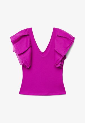 Top corto a maniche corte di un vibrante magenta con scollo a V profondo e maniche a volant a strati, disteso su uno sfondo bianco.