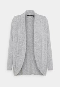 Szary kardigan wykonany z miękkiego dzianinowego materiału, z lejącym się przodem, otwartym fasonem i długimi rękawami. Brak widocznych zapięć lub zatrzasków.