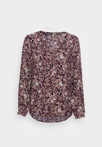 Blusa a maniche lunghe di un profondo bordeaux con un motivo floreale a paisley in crema e oro. Presenta una scollatura a V e polsini arricciati.