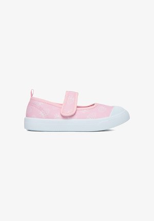 Pink children's Mary Jane shoe with white strawberry patterns and a white rubber sole and toe cap, featuring a Velcro strap closure.