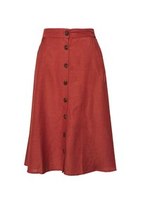 Rostfärgad midikjol med en åtsittande midja, knapplås fram och sidfickor. Tillverkad av ett mjukt tyg med en lätt struktur.