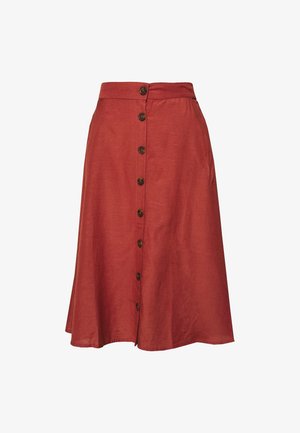 Rusin värinen midi-hame, jossa on istuva vyötärö, nappikiinnitys edessä ja sivutaskut. Valmistettu sileästä kankaasta, jossa on hieno kuviointi.