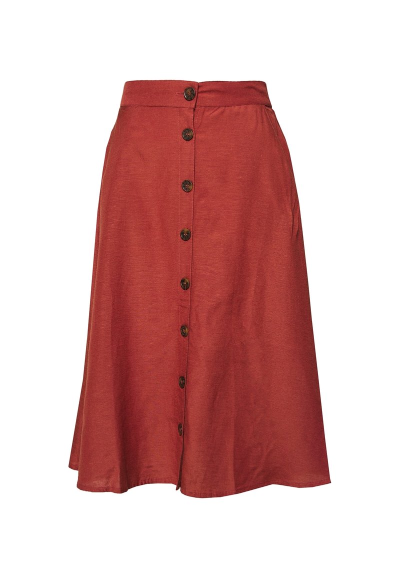 Rostfärgad midikjol med en åtsittande midja, knapplås fram och sidfickor. Tillverkad av ett mjukt tyg med en lätt struktur.