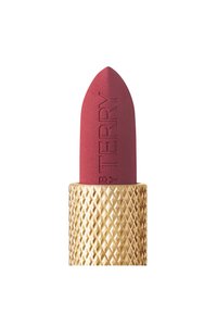 Rouge à lèvres avec une pointe rose mate effilée, lettres en relief et une base géométrique dorée texturée. Le design est élégant et moderne.